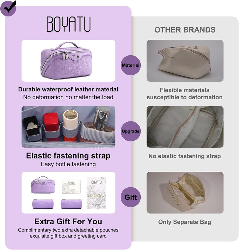 BOYATU Travel Makeup Bag for Women: Cosmetic Organizer Bag with Compartments - Leather Make up Bags Set of 3 (G-1-Purple) - Image 3